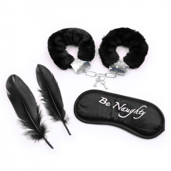 Set de 3 Piezas Antifaz, Esposas y Plumas Negro