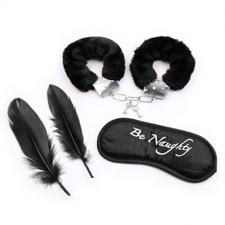 Set de 3 Piezas Antifaz, Esposas y Plumas Negro
