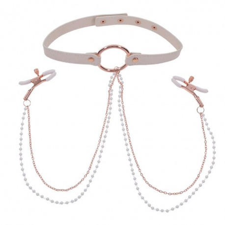 Peaches in Creae Necklance with Nipple Clamps