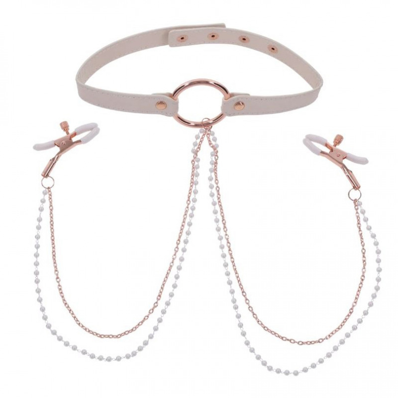 Peaches in Creae Necklance with Nipple Clamps