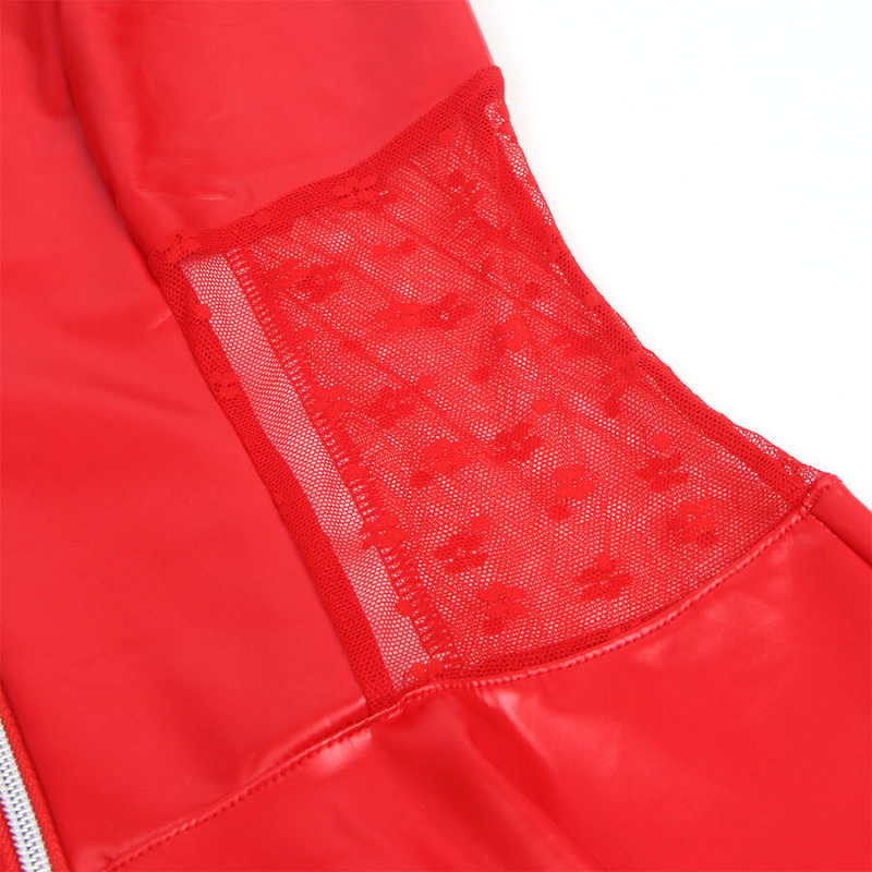 Vestido de Cuero con Cremallera y Encaje Rojo