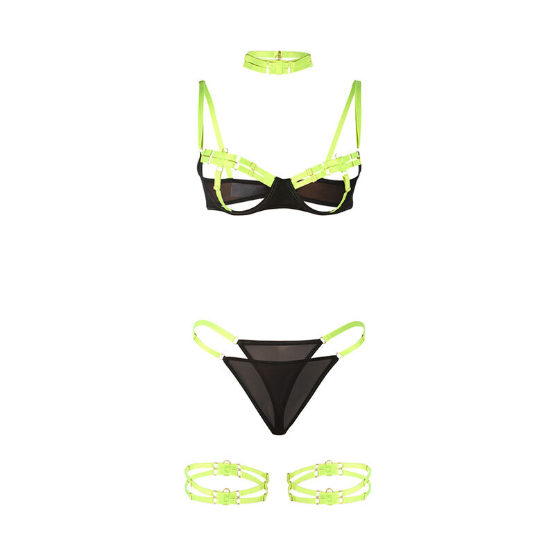 Set Sujetador con Collar y Ligueros Verde Fluorescente