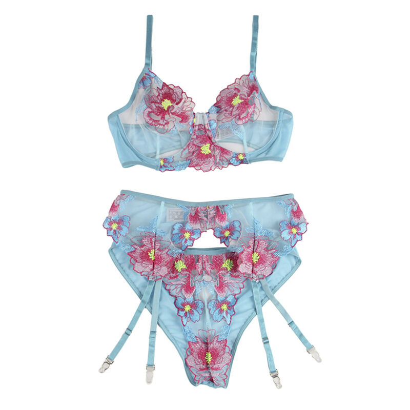 Sujetado y Panties con Liguero diseño Floran Azul