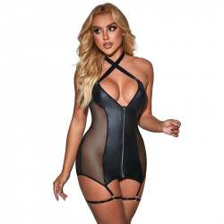 Vestido Sexy de Rejilla Cuero Negro