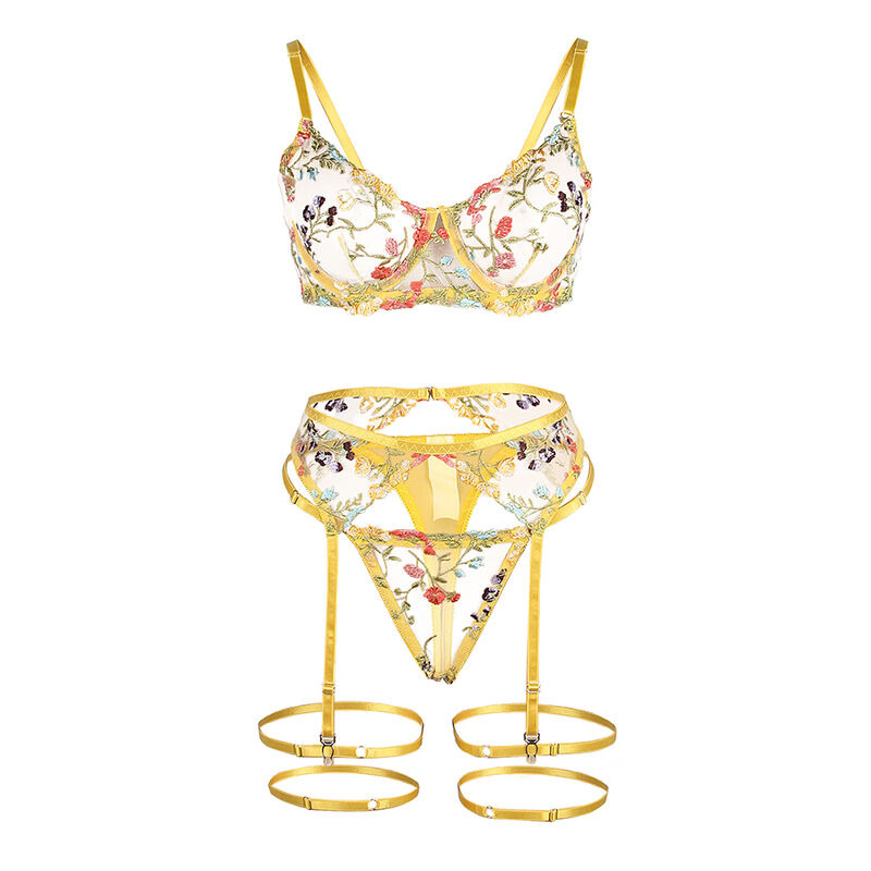 Set Sujetador, Tanga y Liguero Diseño Floral Amarillo