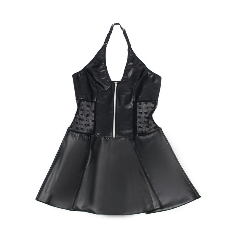 Vestido de Cuero con Cremallera y Encaje Negro