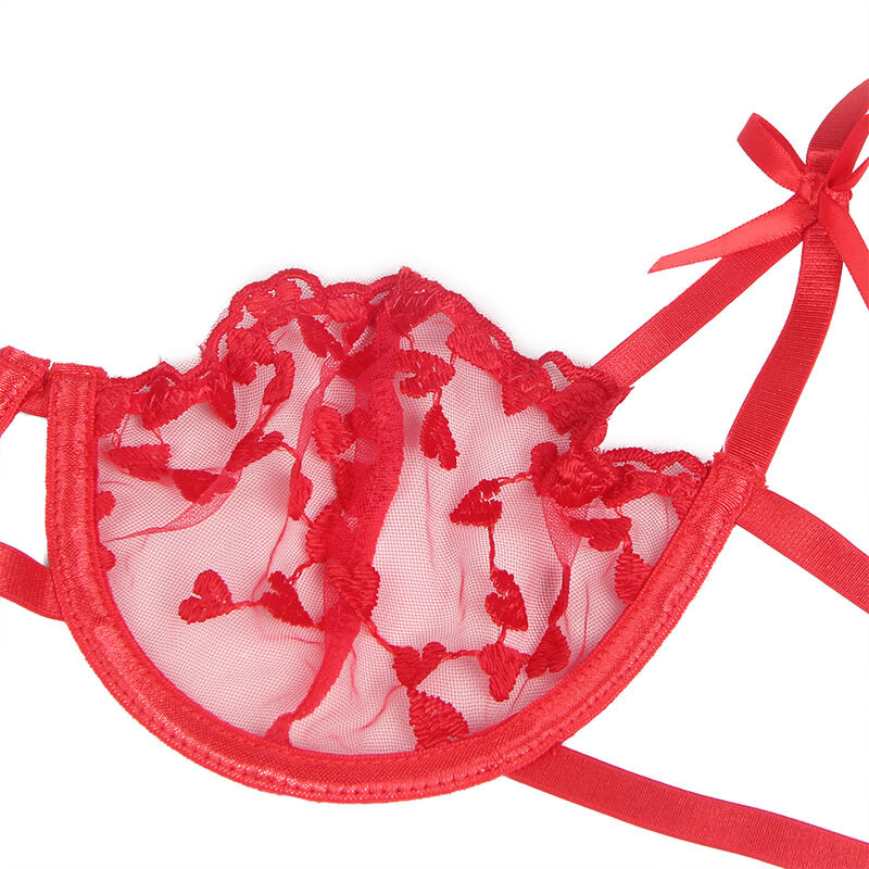 Sujetador, Tanga y Ligueros Estampados de Corazones Rojo