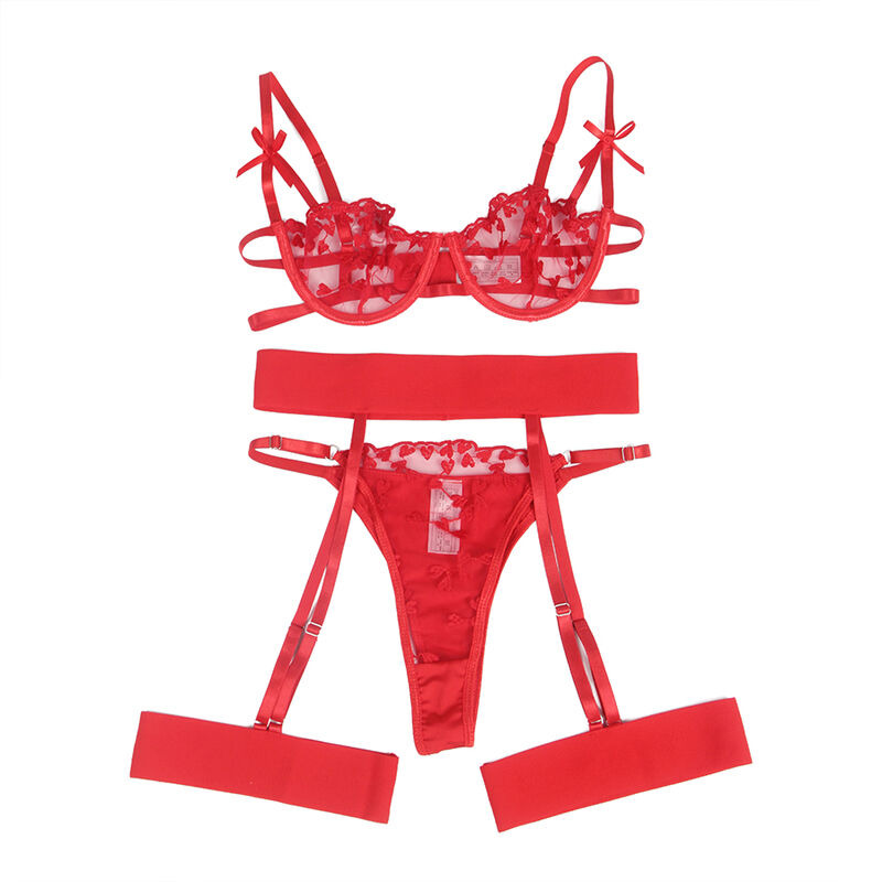 Sujetador, Tanga y Ligueros Estampados de Corazones Rojo