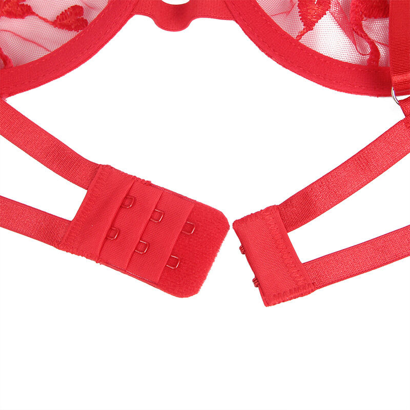 Sujetador, Tanga y Ligueros Estampados de Corazones Rojo