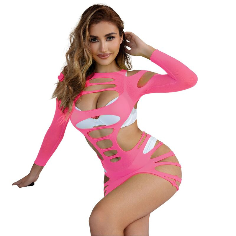 Vestido de Rejilla Manga Larga Rosa TU