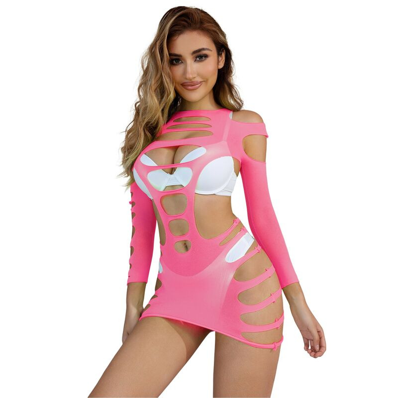 Vestido de Rejilla Manga Larga Rosa TU