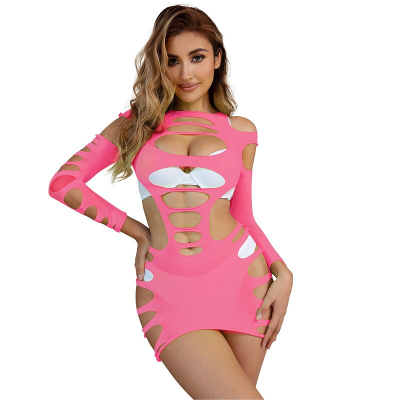 Vestido de Rejilla Manga Larga Rosa TU