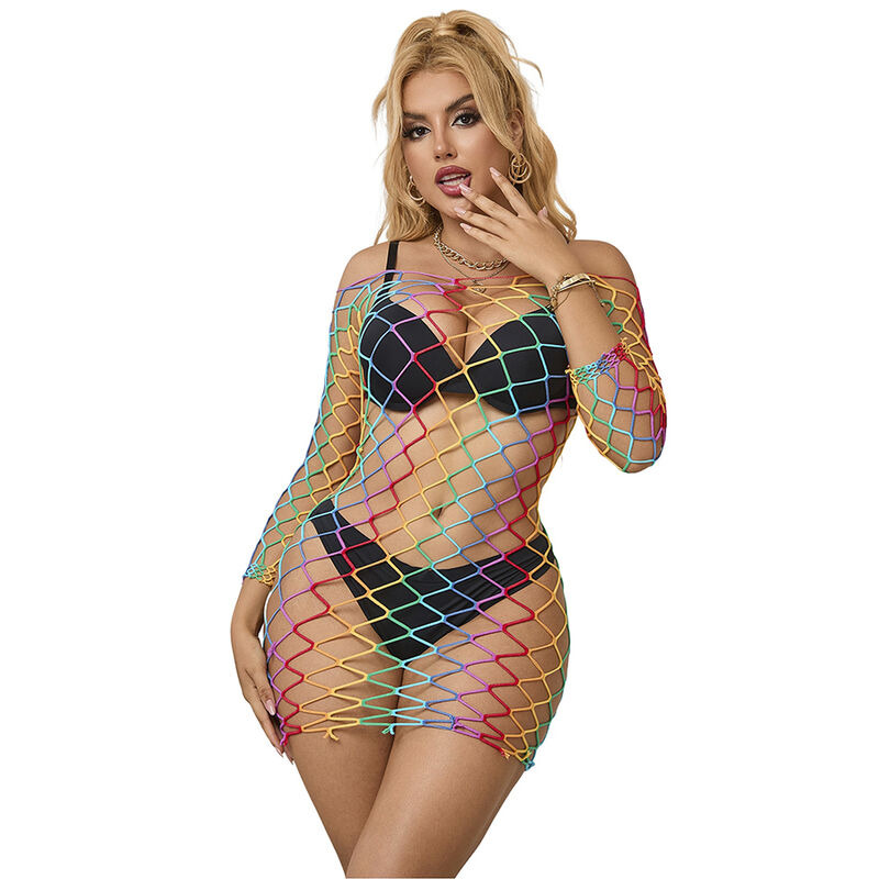 Vestido de Rejilla Manga Larga Arcoiris TU