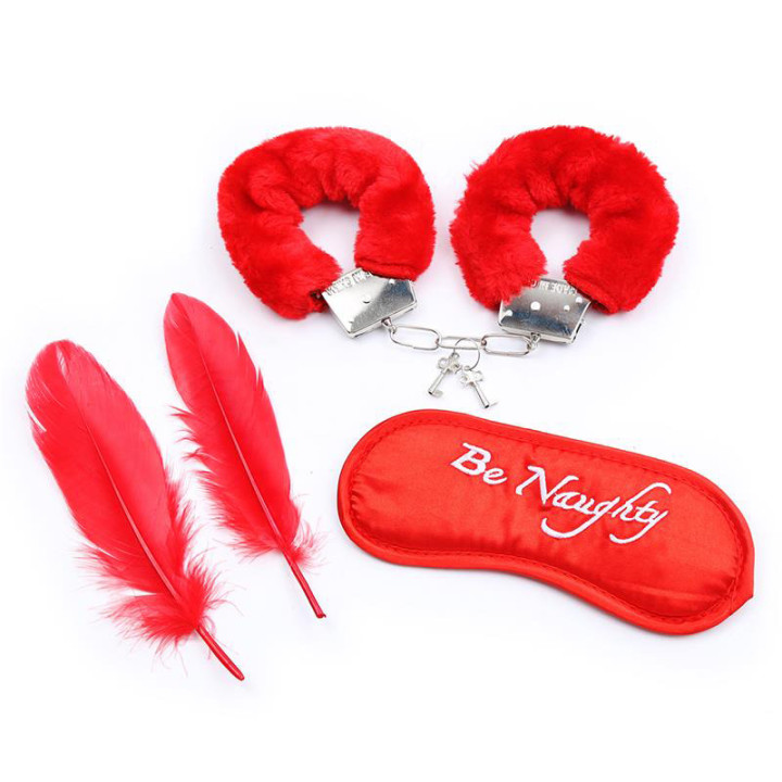 Set de 3 Piezas Antifaz, Plumas y Esposas