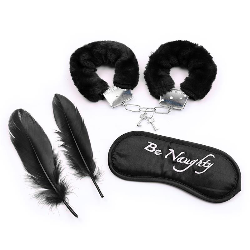 Set de 3 Piezas Antifaz, Esposas y Plumas Negro