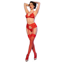 Set Sujetador, Tanga y Medias de Encaje Rojo CR 4848