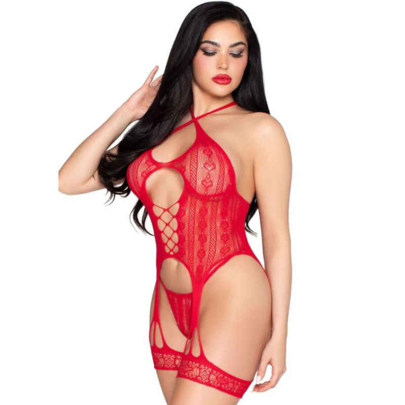 Set 89338 Body Abierto con Liguero y Tanga de Encaje Rojo