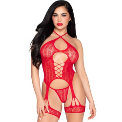 Set 89338 Body Abierto con Liguero y Tanga de Encaje Rojo