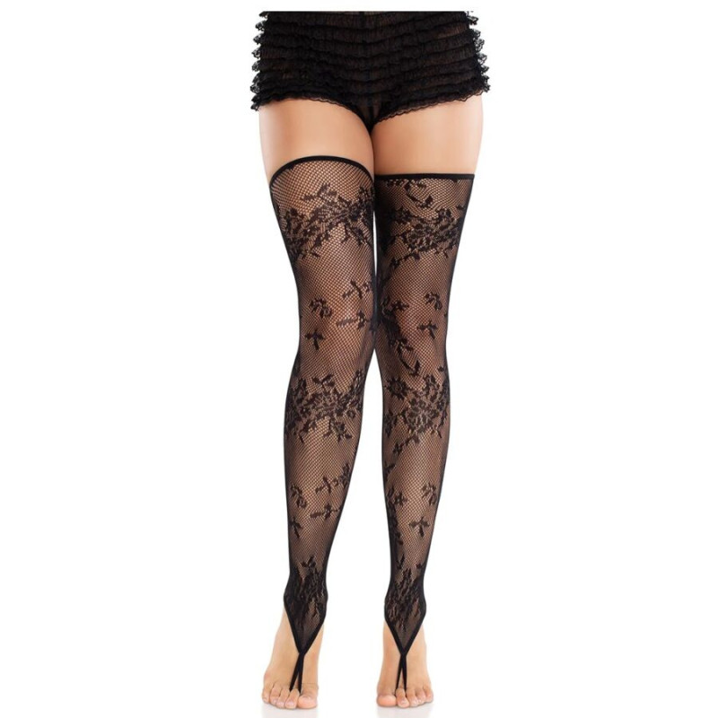 Medias sin Pies de Encaje Floral Negro