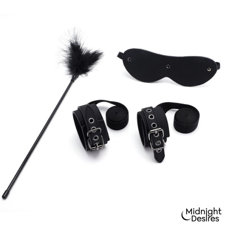 Set Bondage con Esposas, Antifaz y Pluma Estimuladora