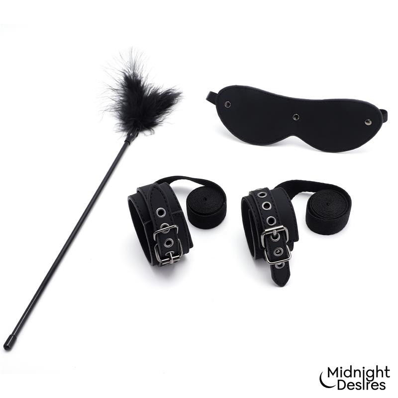 Set Bondage con Esposas, Antifaz y Pluma Estimuladora