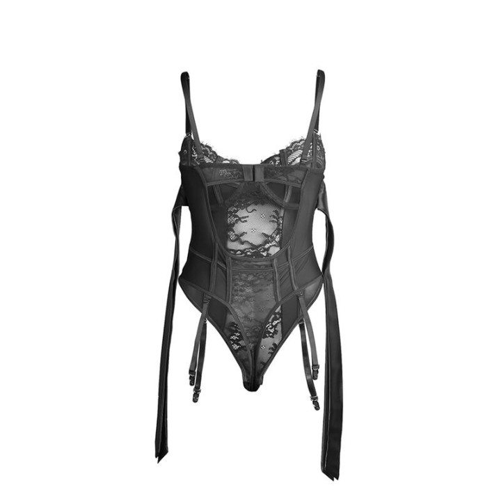 Body de Encaje con Lazos y Ligueros Negro