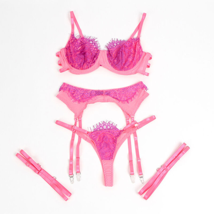 Set Sujetador con Encaje y Ligueros Rosa y Morado