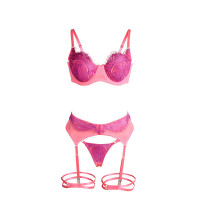Set Sujetador con Encaje y Ligueros Rosa y Morado