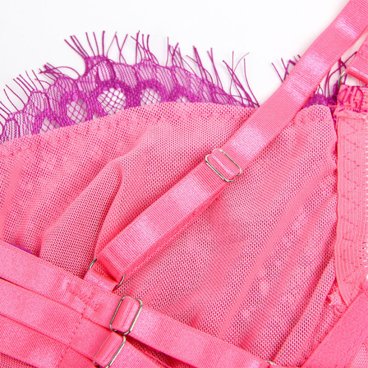 Set Sujetador con Encaje y Ligueros Rosa y Morado