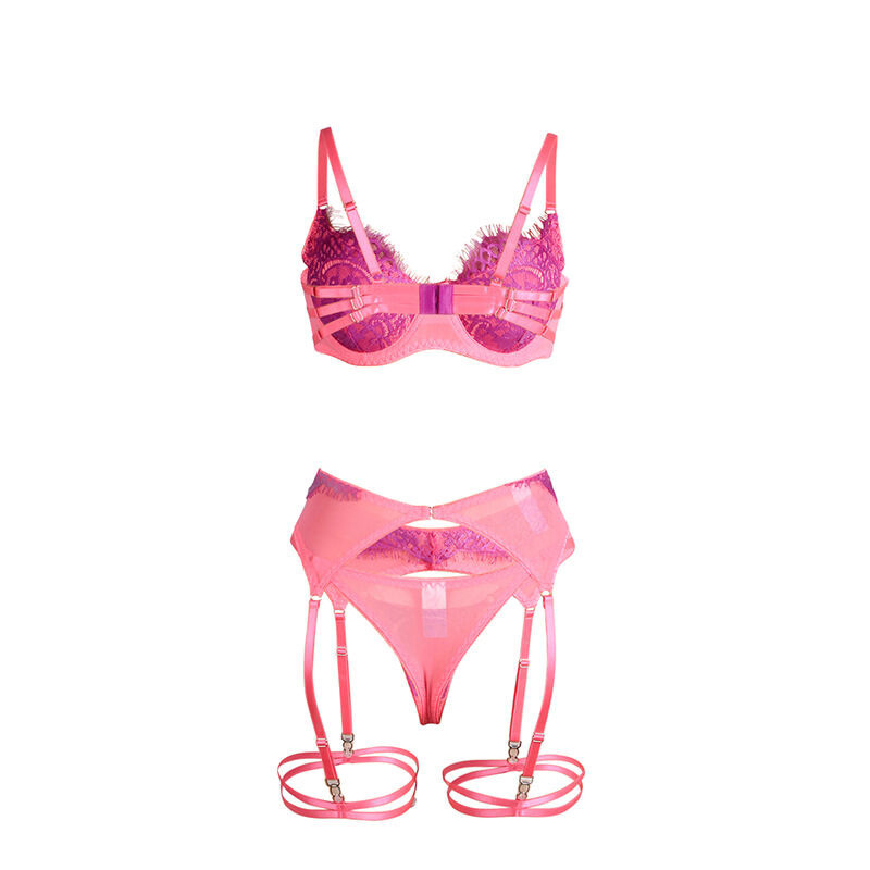 Set Sujetador con Encaje y Ligueros Rosa y Morado