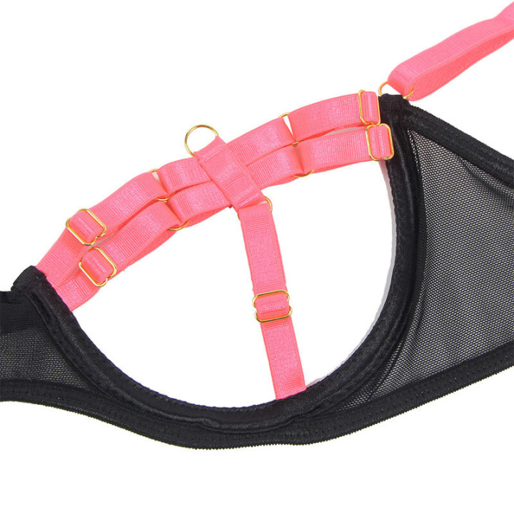 Set Sujetador con Collar y Ligueros Rosa Fluorescente