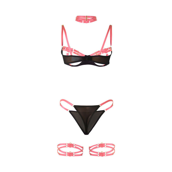 Set Sujetador con Collar y Ligueros Rosa Fluorescente
