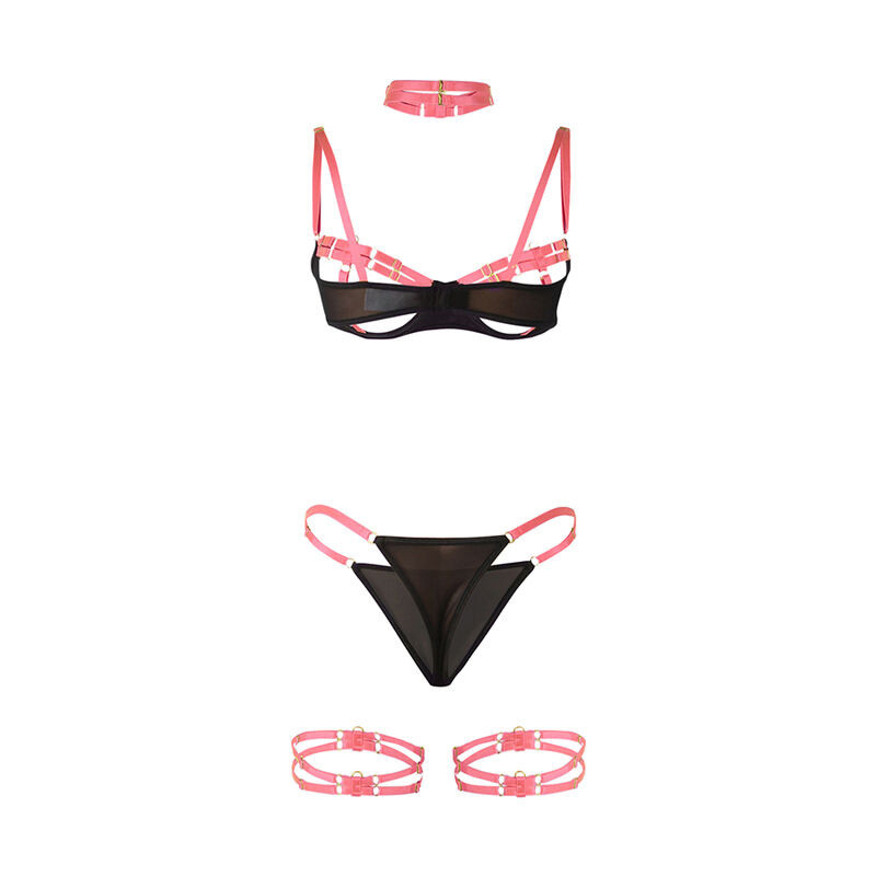 Set Sujetador con Collar y Ligueros Rosa Fluorescente
