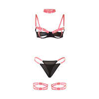 Set Sujetador con Collar y Ligueros Rosa Fluorescente