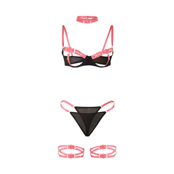 Set Sujetador con Collar y Ligueros Rosa Fluorescente