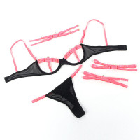 Set Sujetador con Collar y Ligueros Rosa Fluorescente