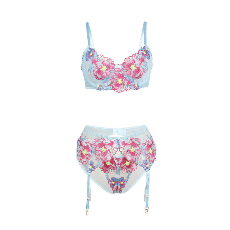 Conjunto Sujetador y Liguero con Bordados Florales Rosas