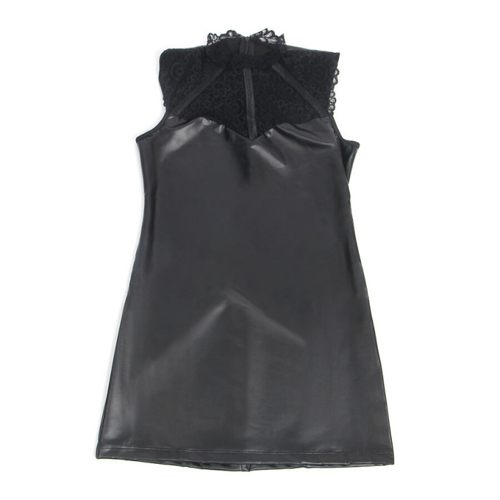 Vestido de Cuero con Cuello de Encaje Negro