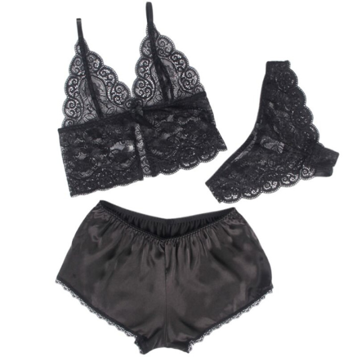 Set 3 Piezas Encaje y Saten Negro