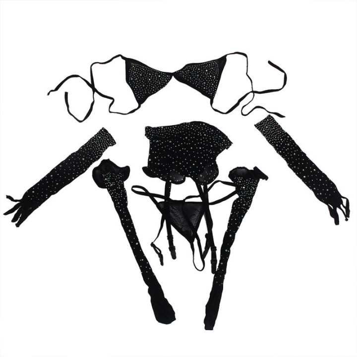 Body de Rejilla con Guantes y Diamantos Negro
