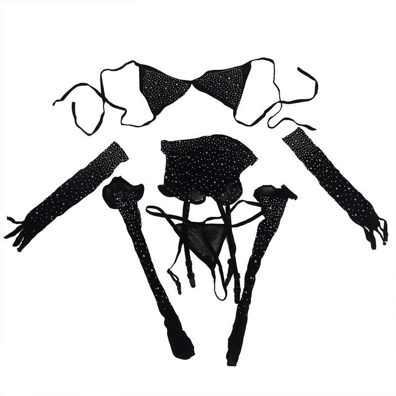 Body de Rejilla con Guantes y Diamantos Negro