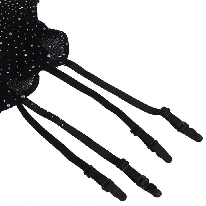 Body de Rejilla con Guantes y Diamantos Negro