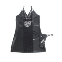 Vestido de Cuero con Encaje Floral Negro
