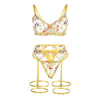 Set Sujetador, Tanga y Liguero Diseño Floral Amarillo