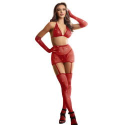 Bodystocking de Rejilla con Guantes y Diamantes Rojo TU