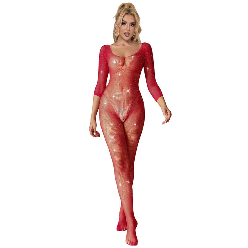 Bodystocking con Diamantes Manga Larga Rojo TU