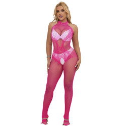 Bodystocking Crotchless de Rejilla y Encaje con Cuello Alto Rosa TU