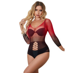 Vestido de Rejilla Manga Larga Rojo y Negro TU
