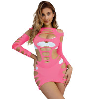 Vestido de Rejilla Manga Larga Rosa TU