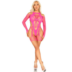 Body de Rejilla con Liga y Arnés Rosa Neón TU